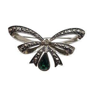 AVON Vintage Rhinestone Bow Green Drop Silver Brooch Pin